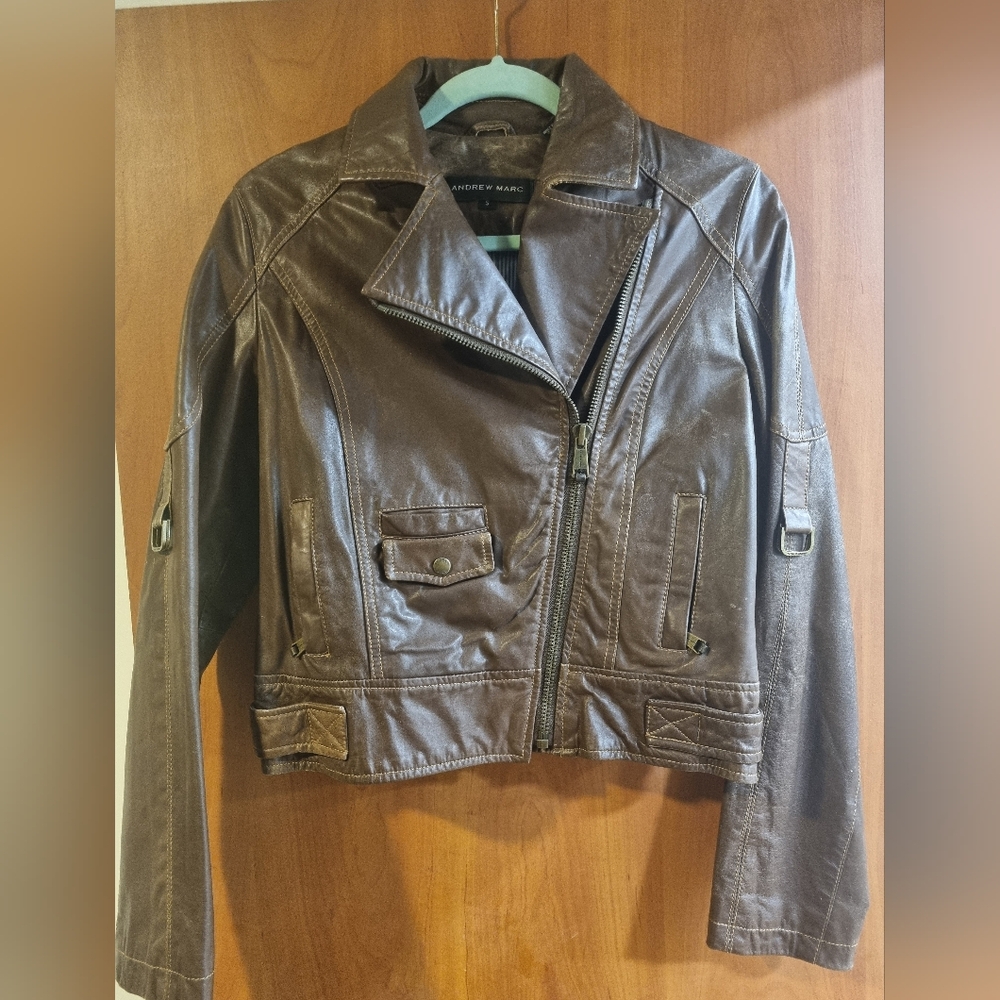 Andrew Marc Brown Leather Moto Jacket